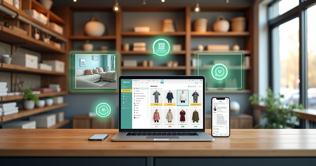 Showroom digital com prateleiras físicas e telas exibindo catálogo online integrado