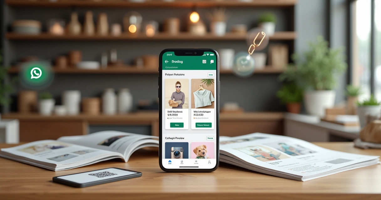 Lojista segura celular com catálogo virtual integrado ao WhatsApp destacado na tela