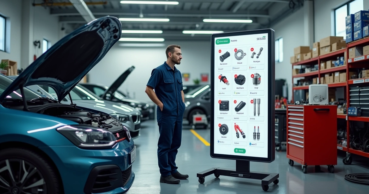 Mecânico em oficina consultando catálogo digital de autopeças em tela grande