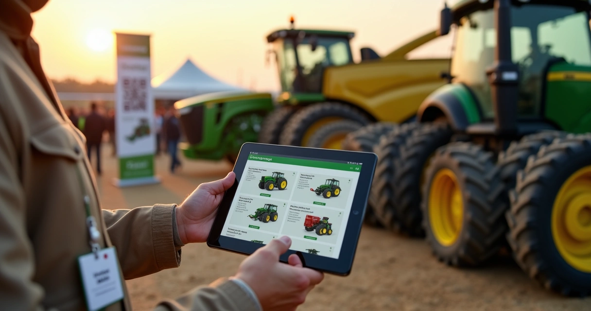 Representante do setor agro mostrando catálogo digital de máquinas em tablet próximo a trator