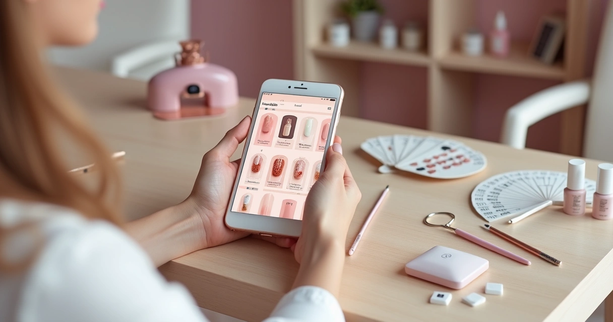 Manicure criando catálogo digital de unhas em smartphone em mesa de trabalho organizada