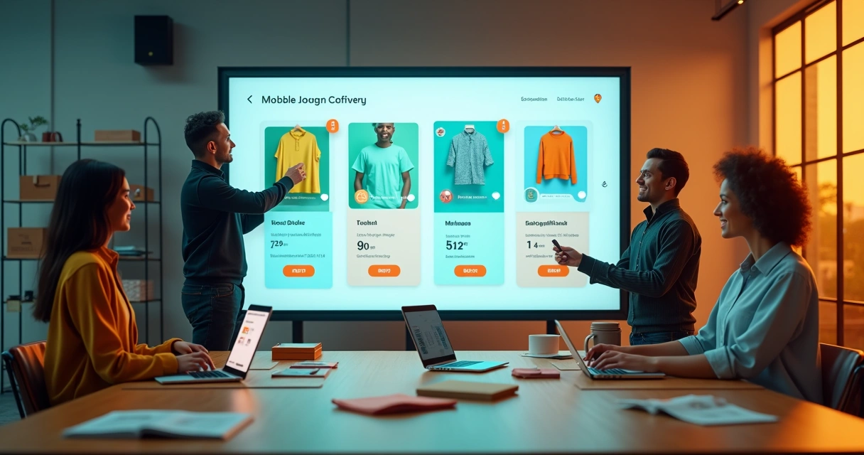 Grupo de empreendedores montando catálogo online em grande tela digital