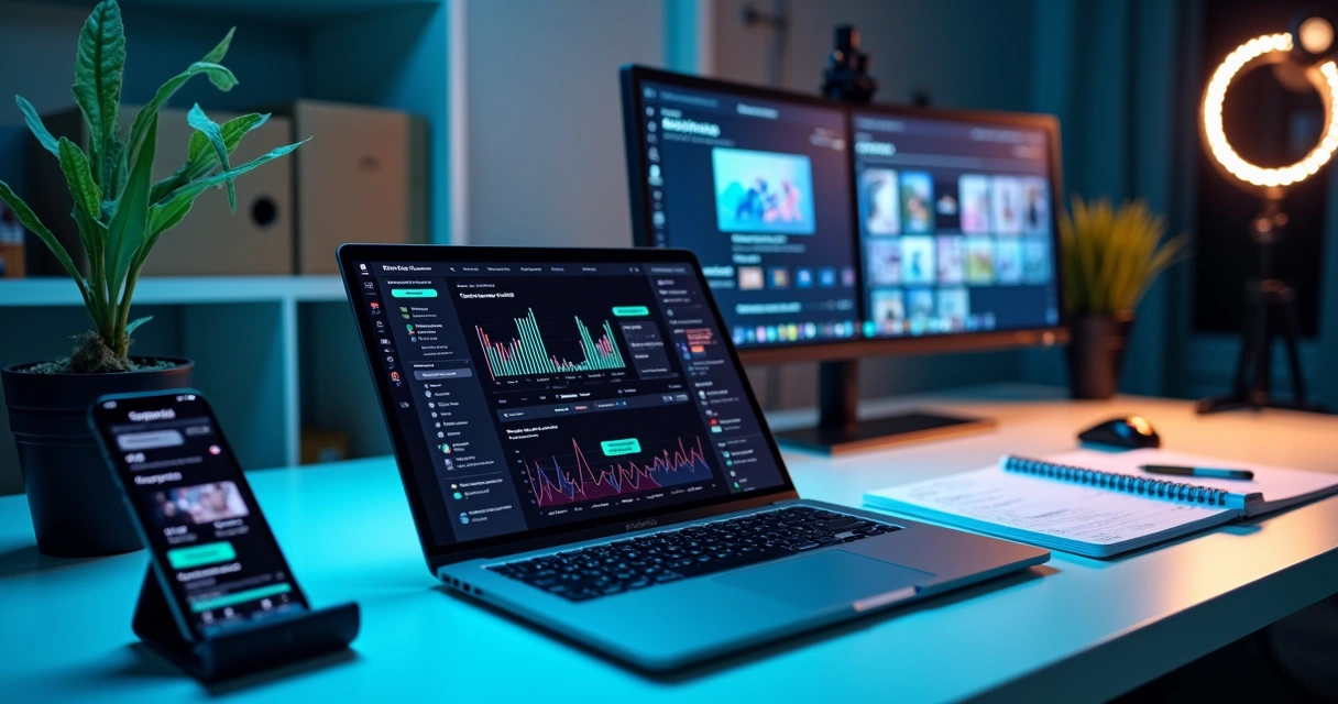 Lojista analisando painel de vendas do TikTok em ambiente moderno de escritório