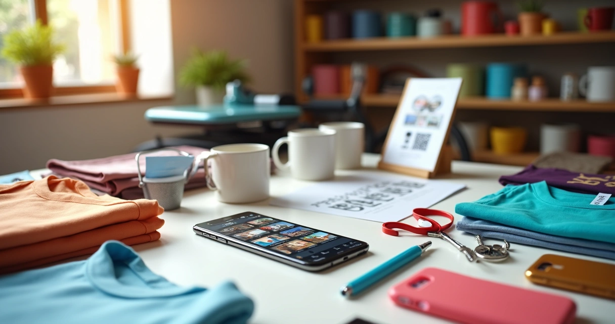 Mesa de estúdio de personalizados com celular exibindo catálogo digital aberto