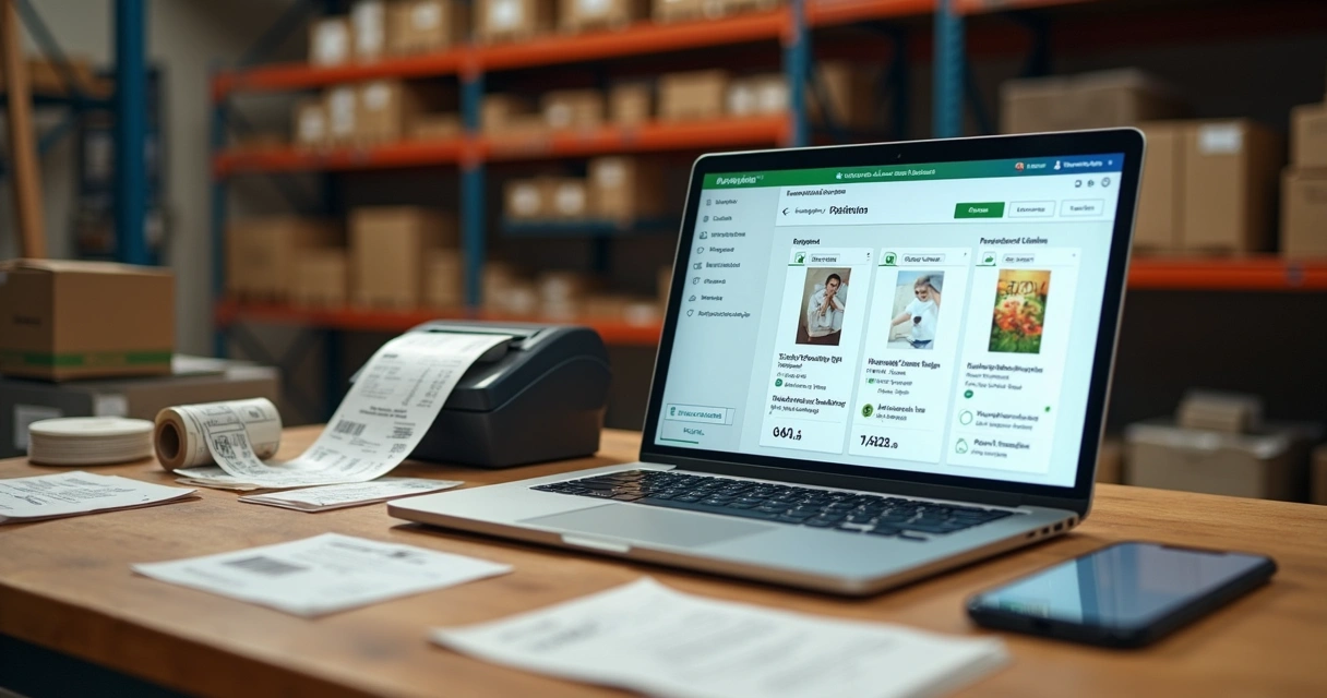 Tela de notebook exibindo gerador de catálogo digital com produtos organizados