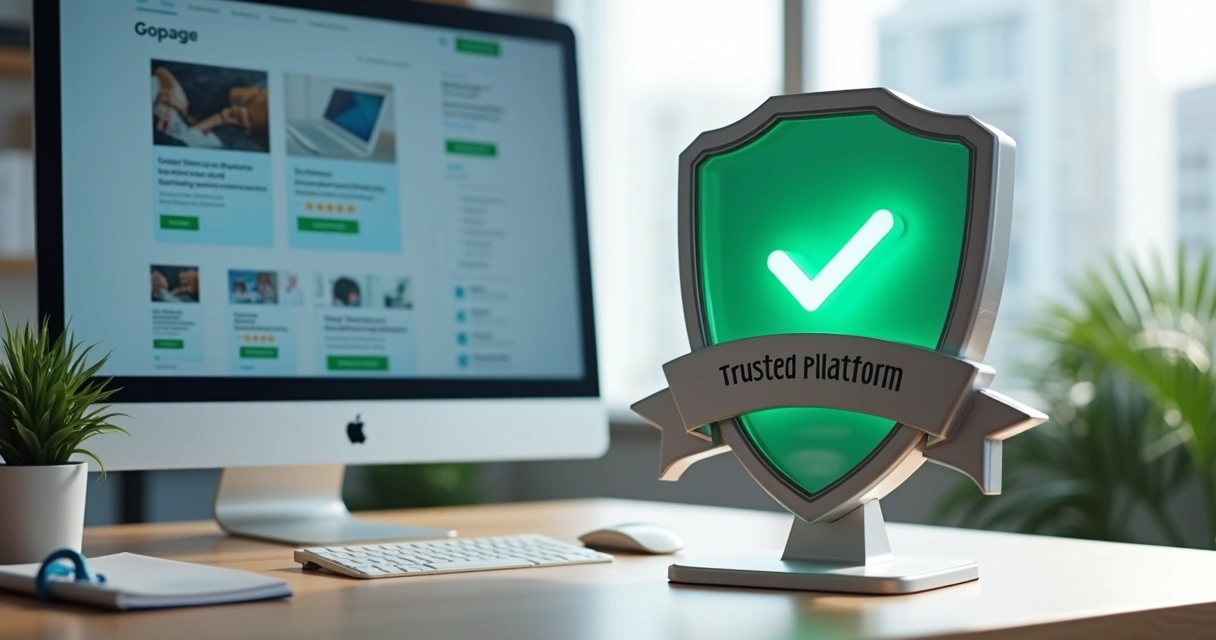 Painel com selo de confiabilidade ao lado de tela mostrando catálogo digital da Gopage