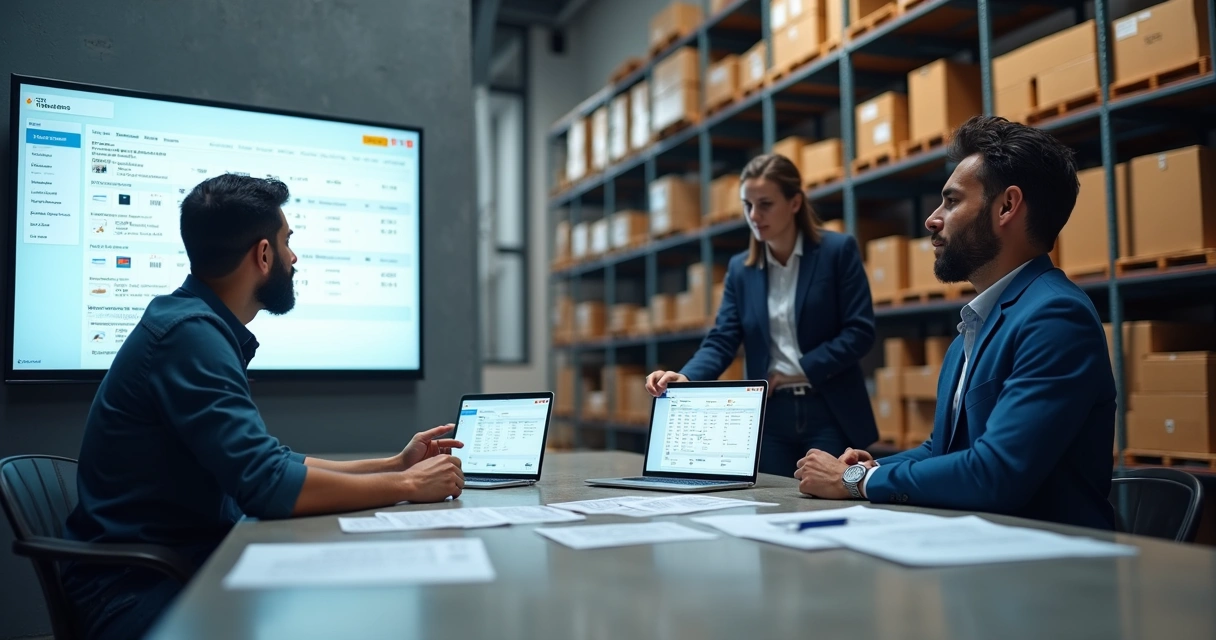 Empresários em reunião usando painel com catálogo digital B2B