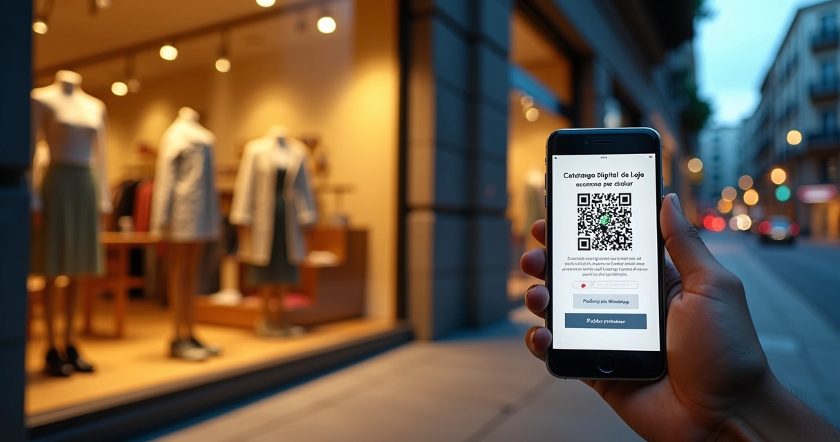Vitrine de loja fisica de moda com cartaz de qrcode para acesso a catalogo digital no vidro