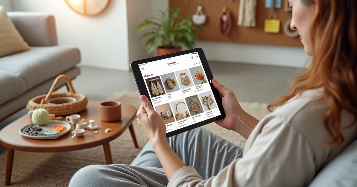 Artesã em sofá configurando catálogo digital em tablet com produtos artesanais