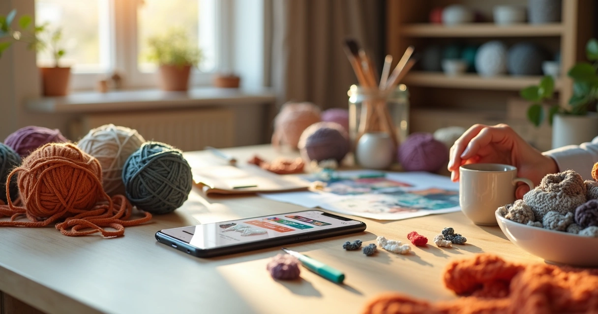 Artesão organizando catálogo digital de artesanato no celular sobre mesa com materiais de criação