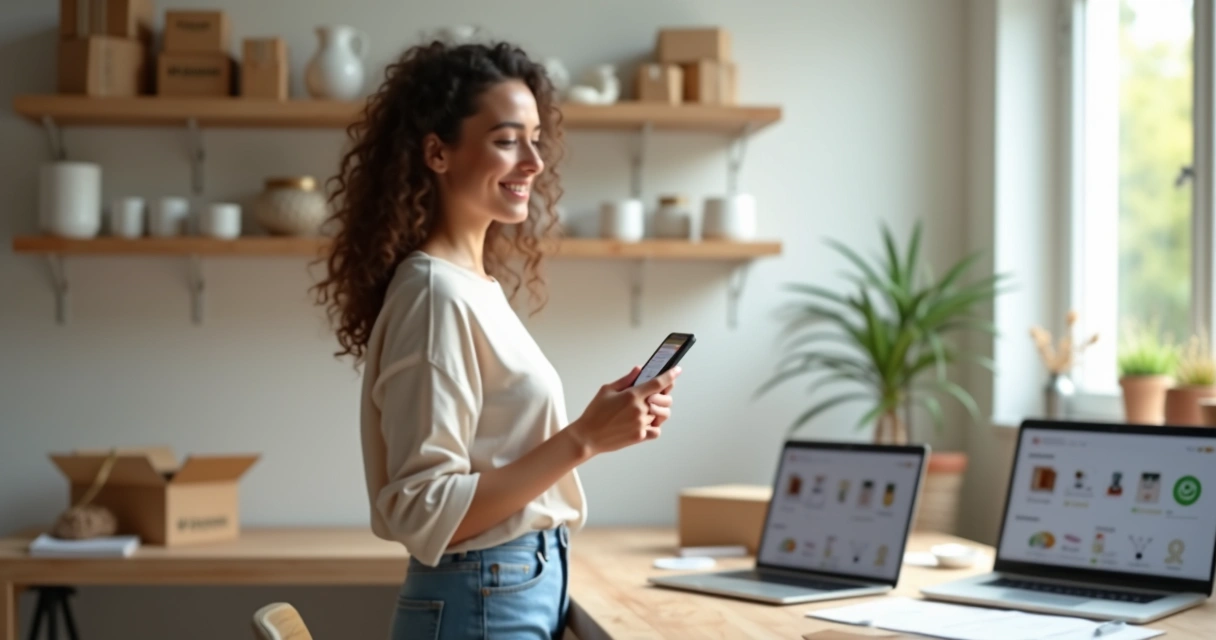 Artesão segurando smartphone exibindo catálogo digital de artesanato em estúdio organizado