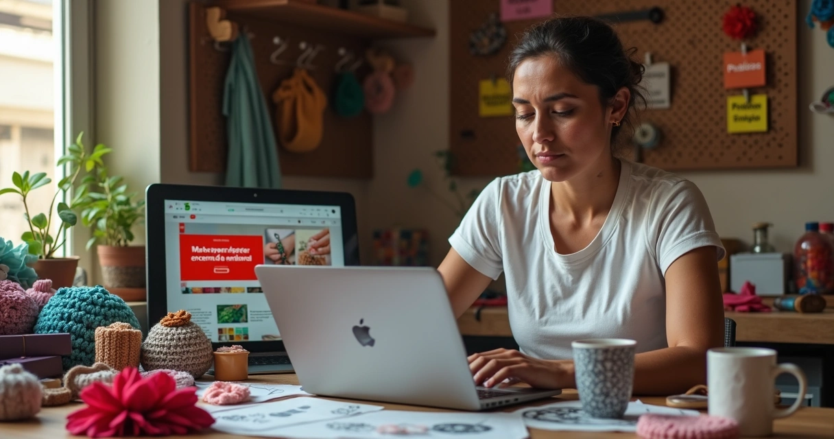 Artesã preocupada analisando fechamento de marketplace e criando nova loja online em laptop