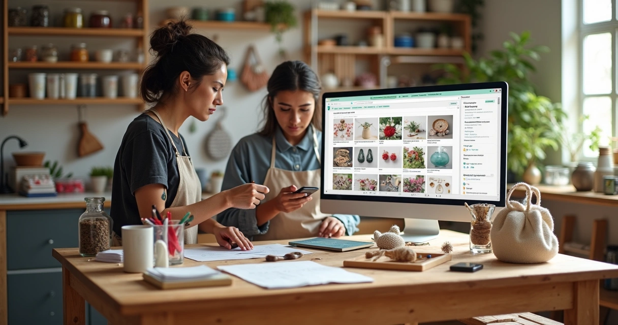 Artesãos organizando produtos em prateleira e planejando migração para vendas online