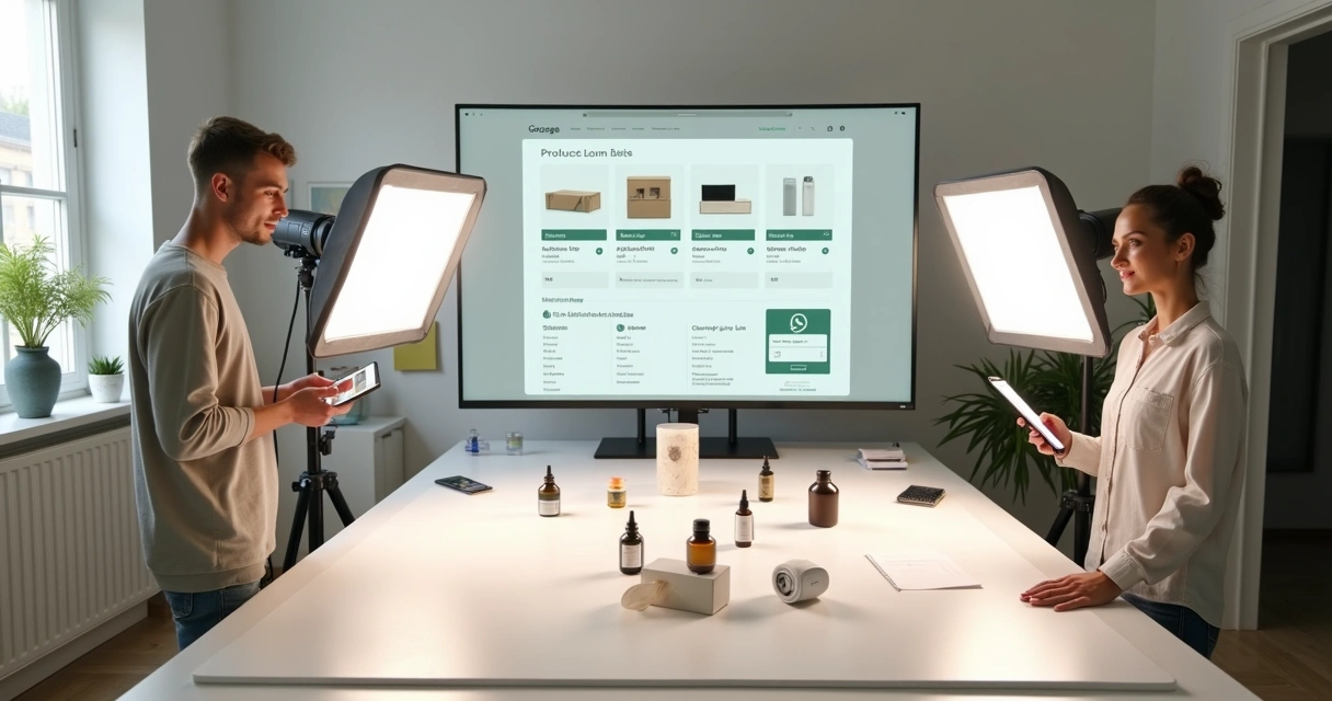 Fotógrafo organizando mini estúdio com fotos de produtos exibidas em tela grande