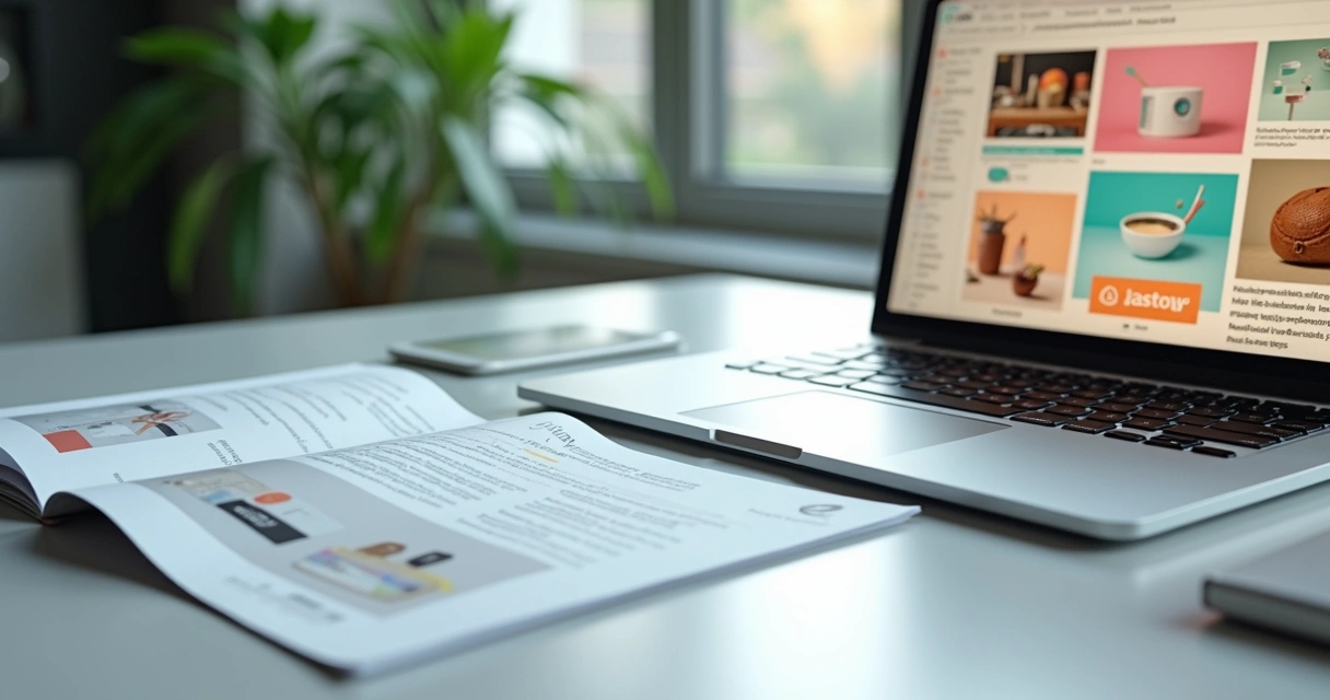 Comparação entre catálogo em PDF e catálogo digital interativo em notebook
