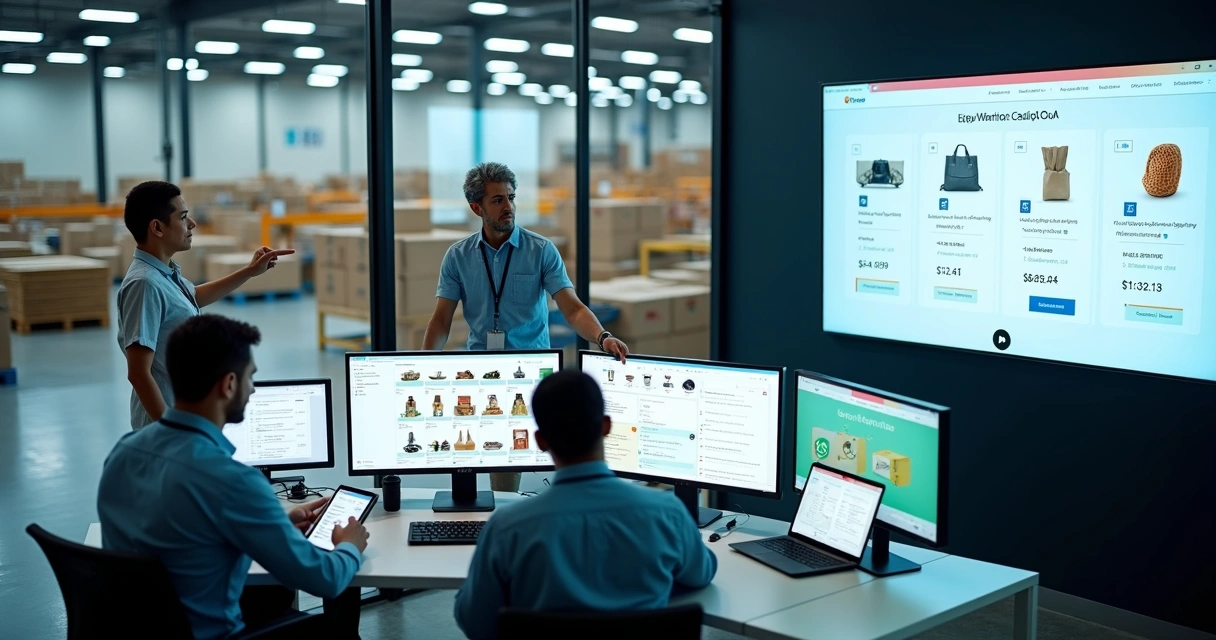 Equipe de distribuidora analisando catálogo digital em grande telão com pedidos e estoques
