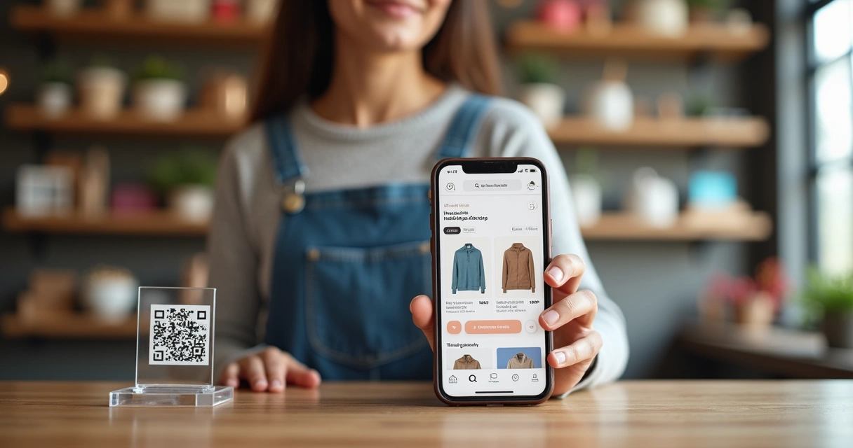 Microempreendedor organizando catálogo virtual em smartphone dentro de pequena loja