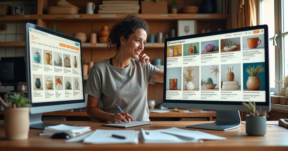 Loja pequena com parede dividida entre marketplace Elo7 e catálogo digital próprio em tela grande