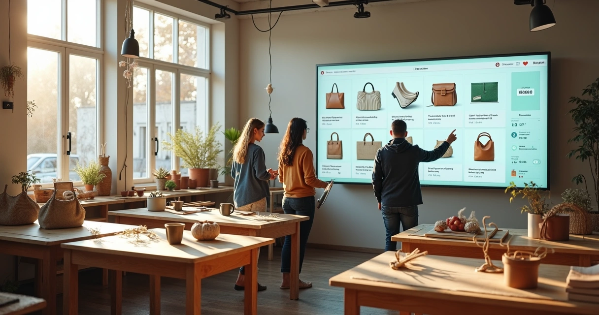 Artesãos em estúdio passando produtos de um painel apagado para nova loja digital em tela gigante
