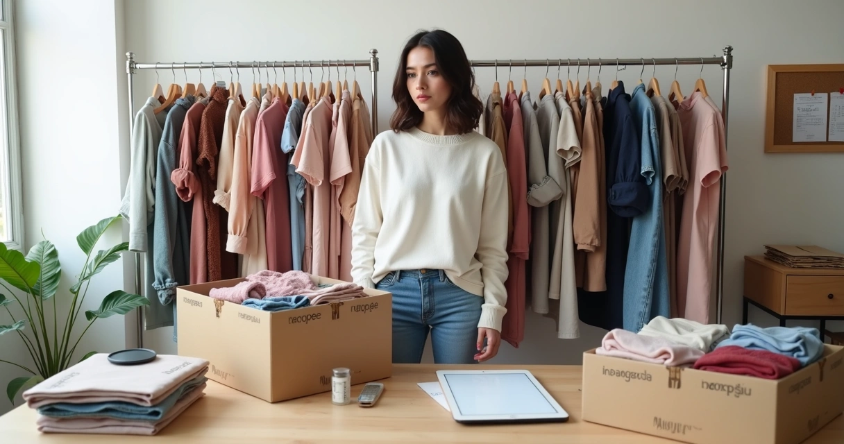 Empreendedora organizando roupas usadas em araras em espaço de brechó online