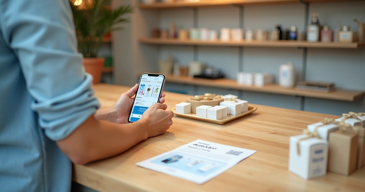 Lojista mostrando catálogo de produtos do Mercado Pago no smartphone sobre mesa organizada