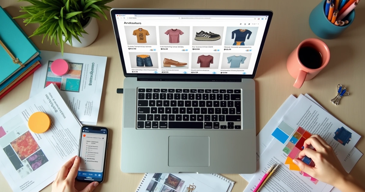 Tela de notebook com catálogo em PDF sendo criado no Canva sobre mesa cheia de materiais de design
