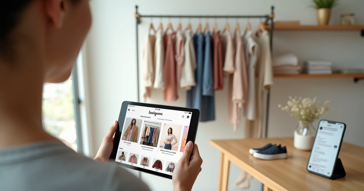 Dona de pequena loja de moda criando catálogo de produtos no Instagram em tablet