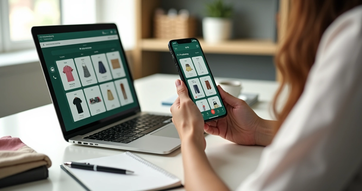 Lojista organizando catálogo de produtos do WhatsApp Business no notebook e celular