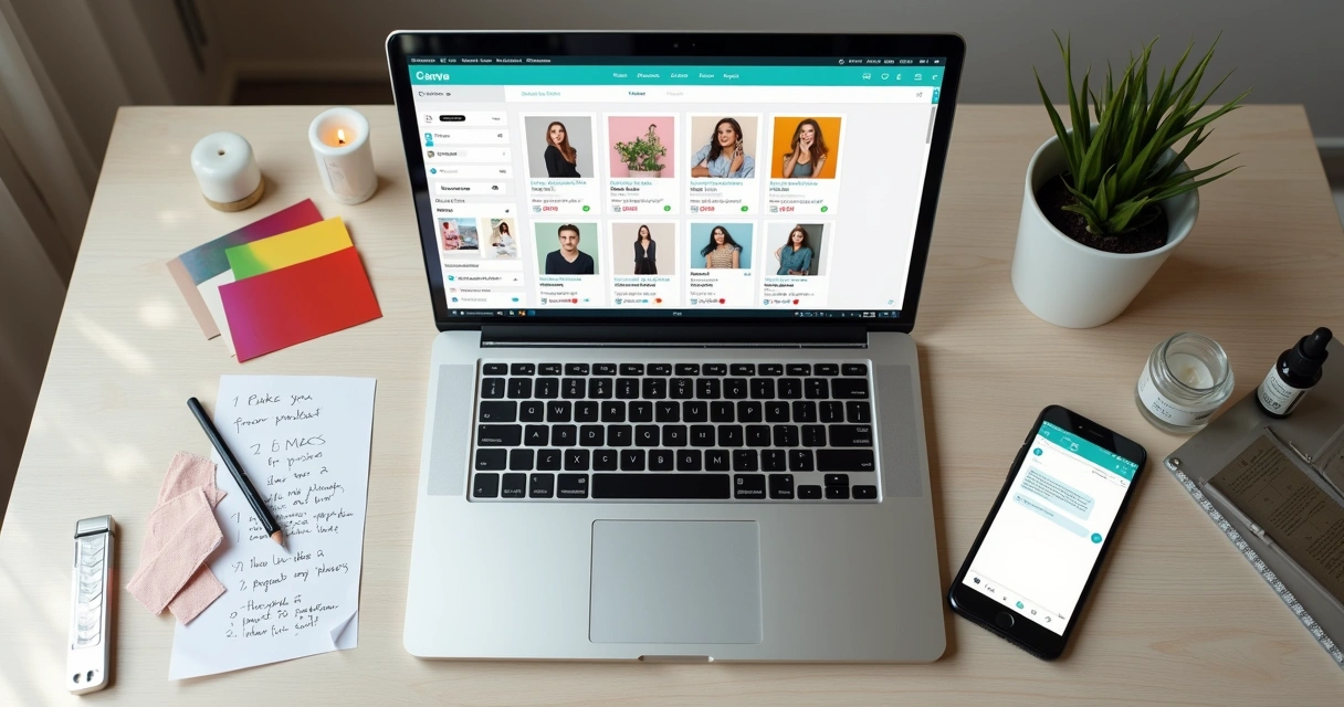 Tela de computador com catálogo digital aberto no Canva ao lado de anotações e amostras de produtos