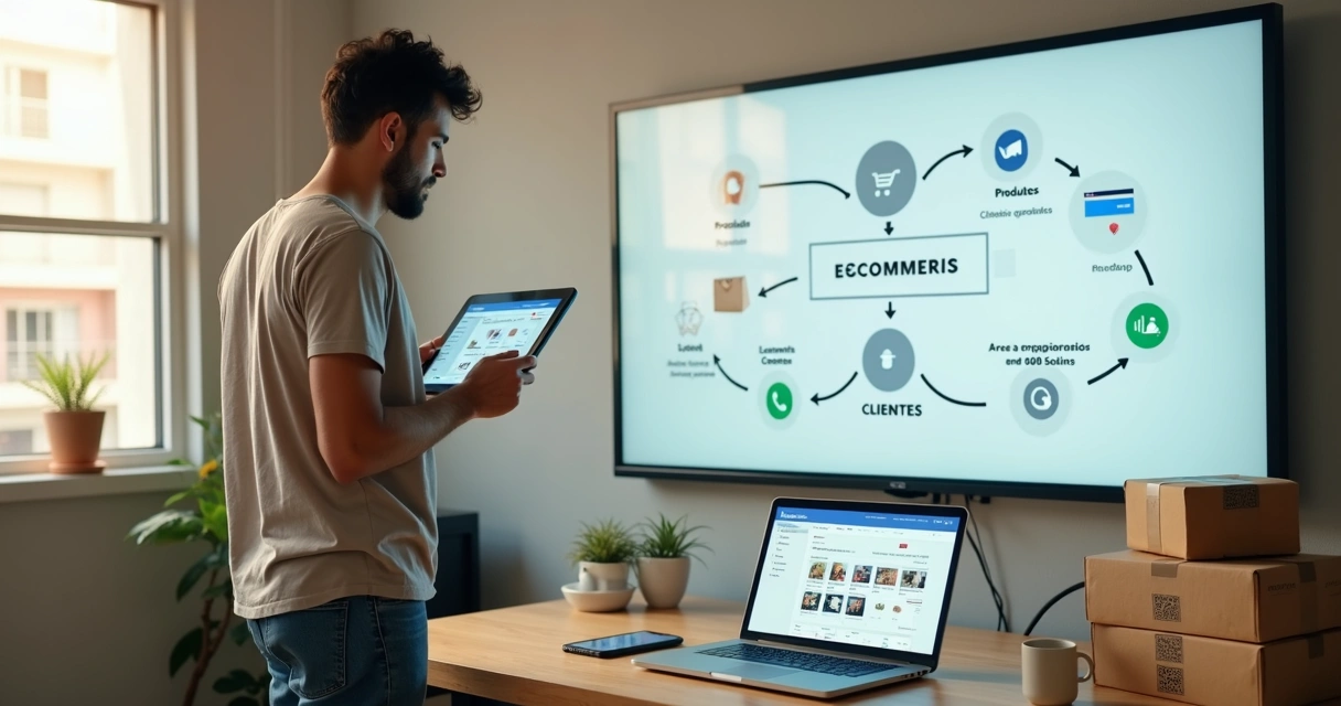 Empreendedor planejando passo a passo de um e-commerce em quadro branco digital