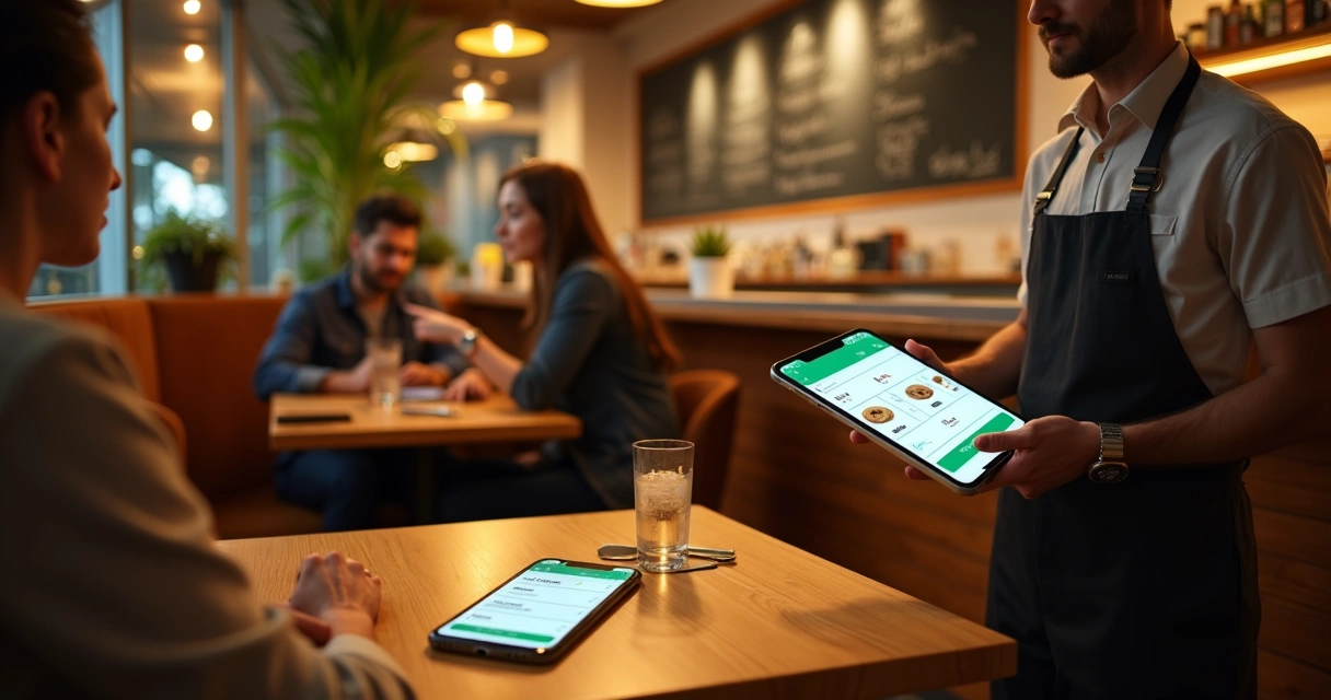 Garçom mostrando no tablet um cardápio conectado ao WhatsApp Business em restaurante moderno