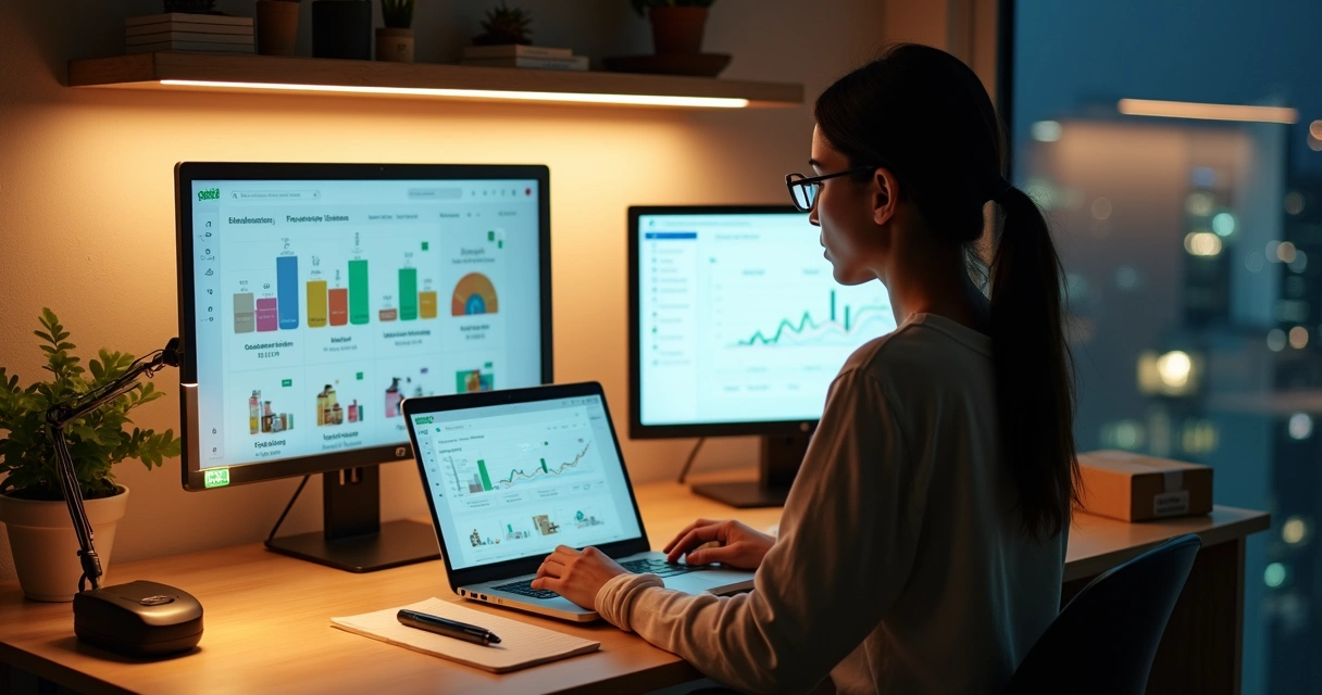 Empreendedora analisando painel de vendas em loja virtual no notebook