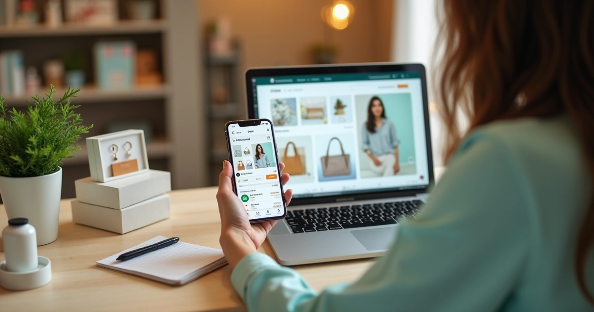 Lojista pequeno usando notebook e celular com catálogo integrado ao WhatsApp Business