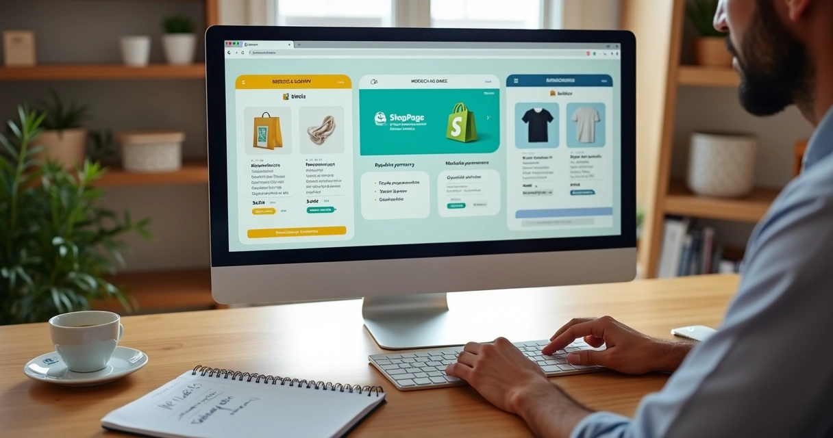 Lojista pequeno usando computador para criar links de produtos em várias plataformas