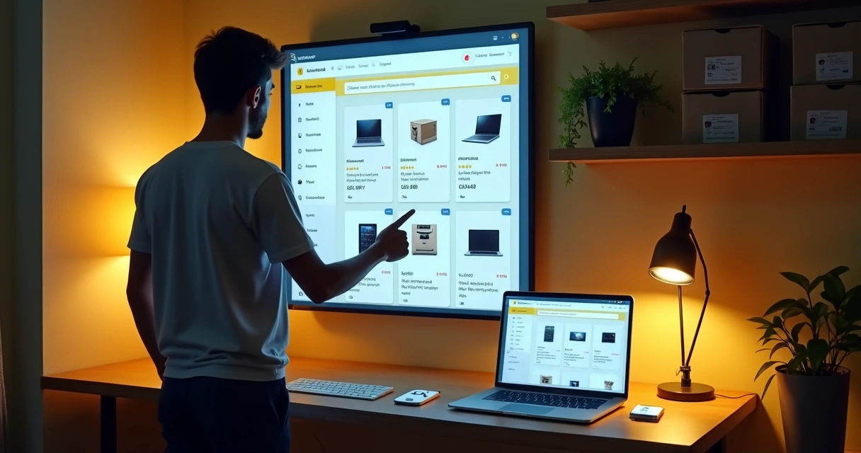 Lojista pequeno conferindo catálogo de produtos do Mercado Livre projetado em painel digital