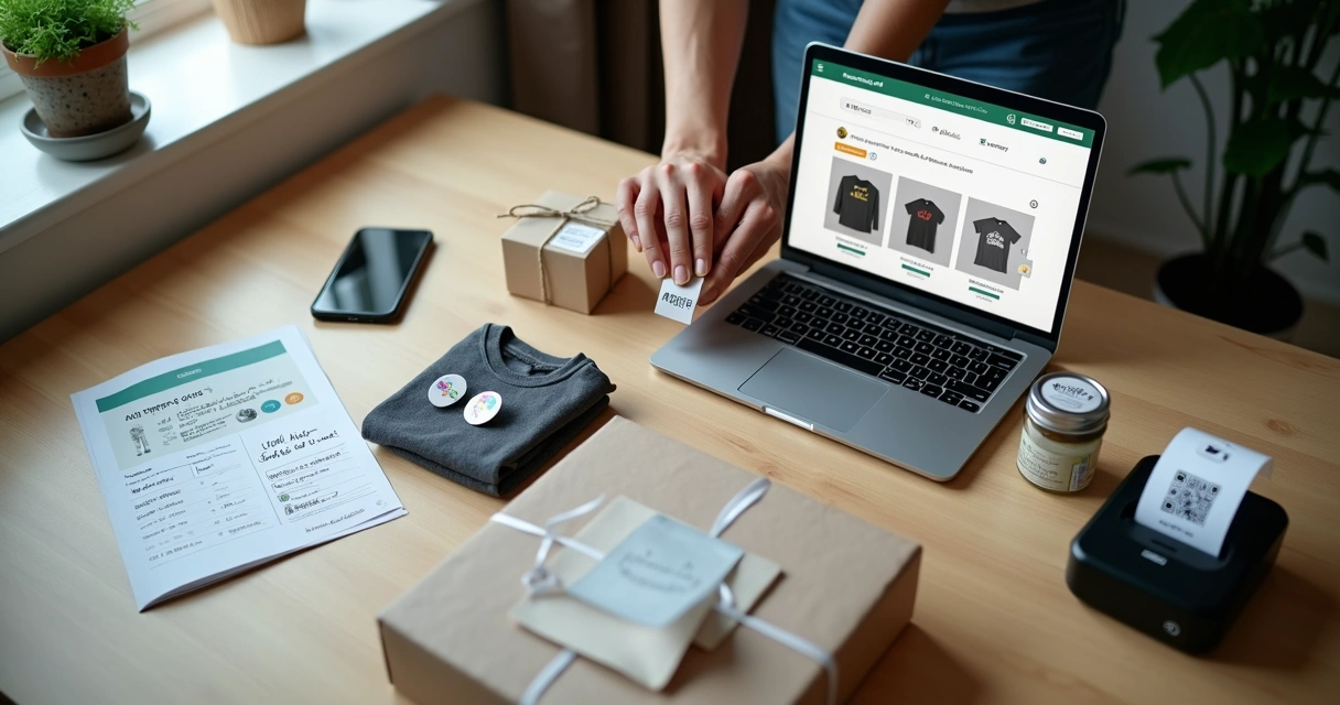 Pequeno empreendedor organizando produtos físicos e loja online no laptop sobre mesa colorida