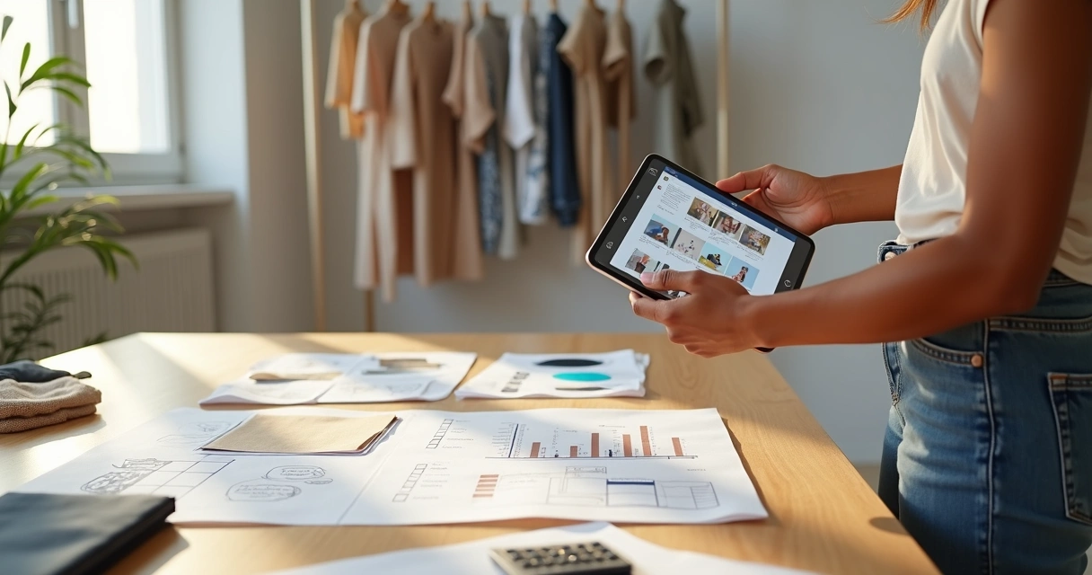Empreendedor planejando abertura de loja de roupas com tablet e amostras de peças