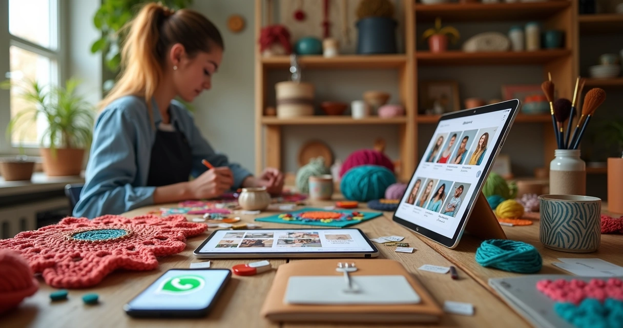 Artesã montando catálogo digital de artesanato no tablet sobre bancada cheia de peças feitas à mão