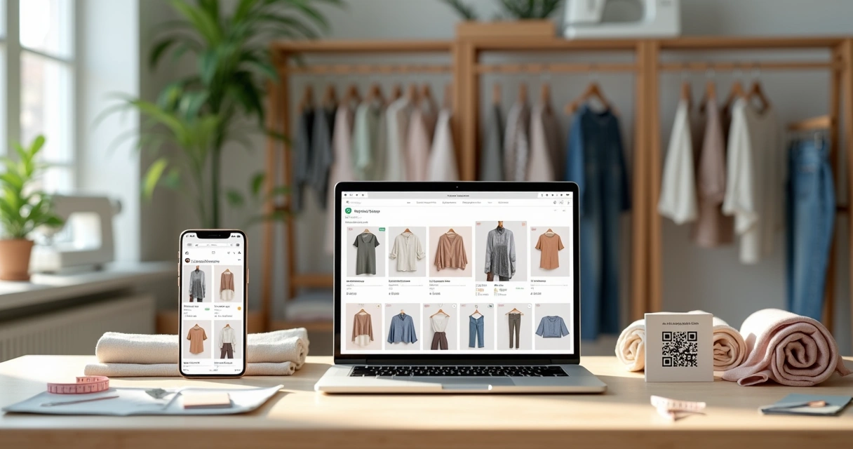 Smartphone exibindo catálogo digital de roupas ao lado de mesa de costura moderna