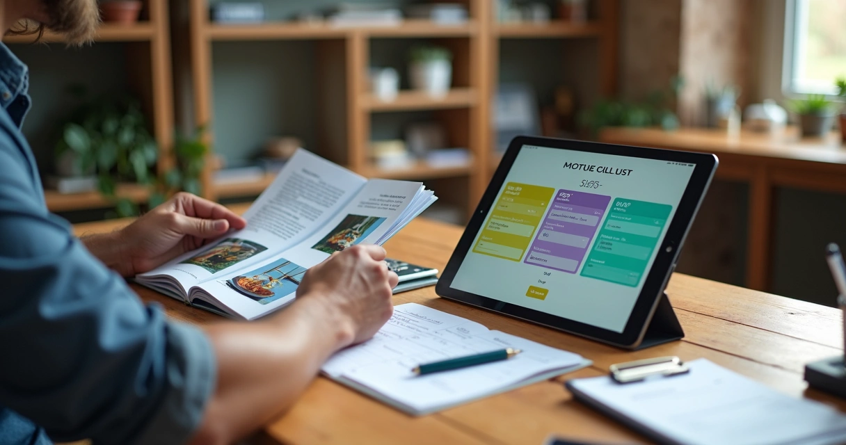 Lojista comparando catálogo de produtos impresso e tablet com versão digital sobre mesa de trabalho