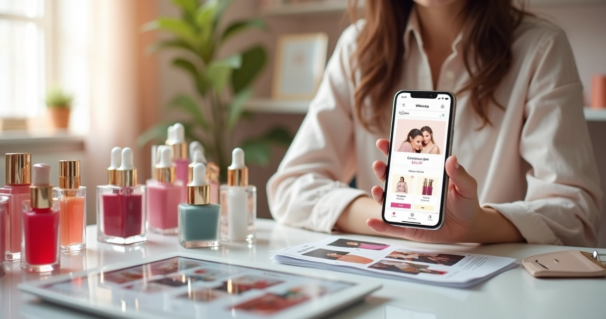 Empreendedora de cosméticos segurando smartphone com loja online aberta diante de bancada colorida de maquiagens