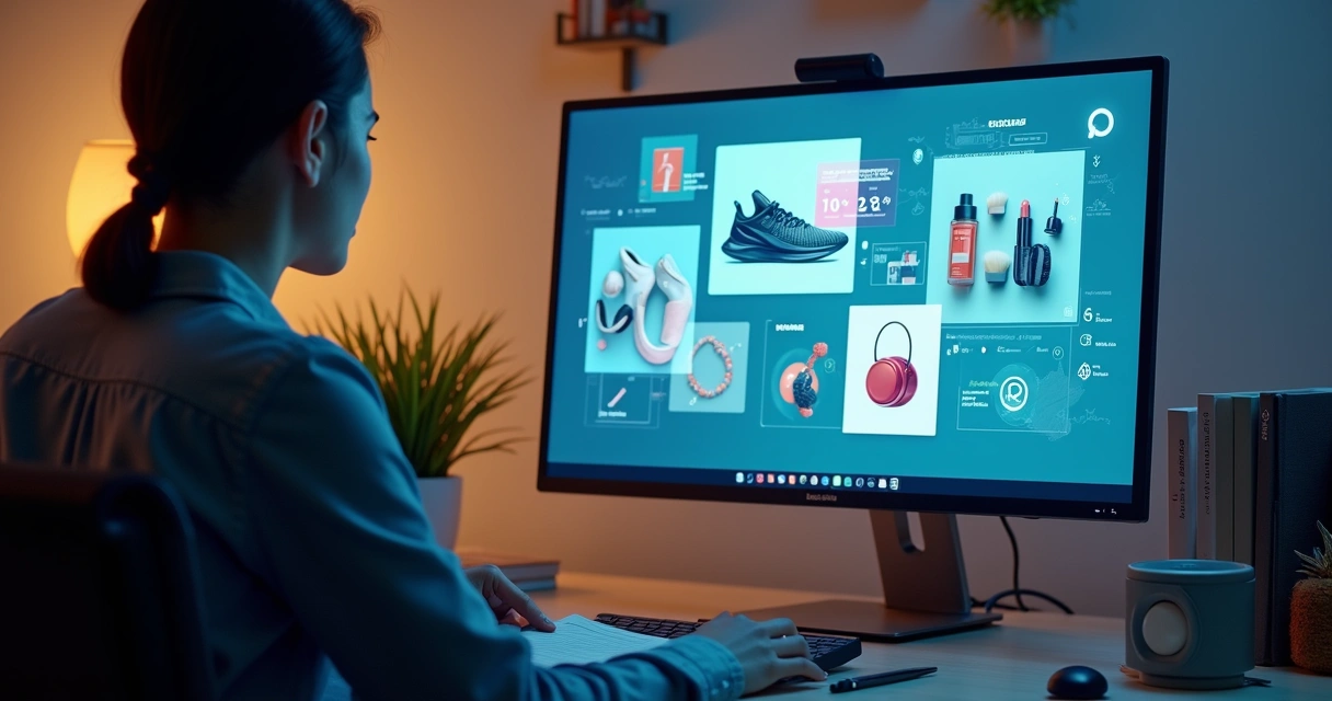 Lojista analisando vários tipos de produtos em prateleiras virtuais flutuando na frente de um computador