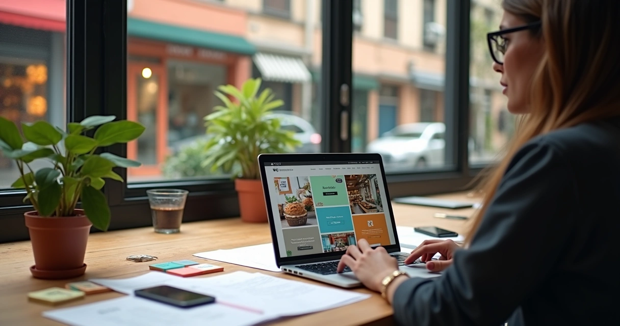 Freelancer criando site para pequenos comércios em tela com vários modelos de páginas