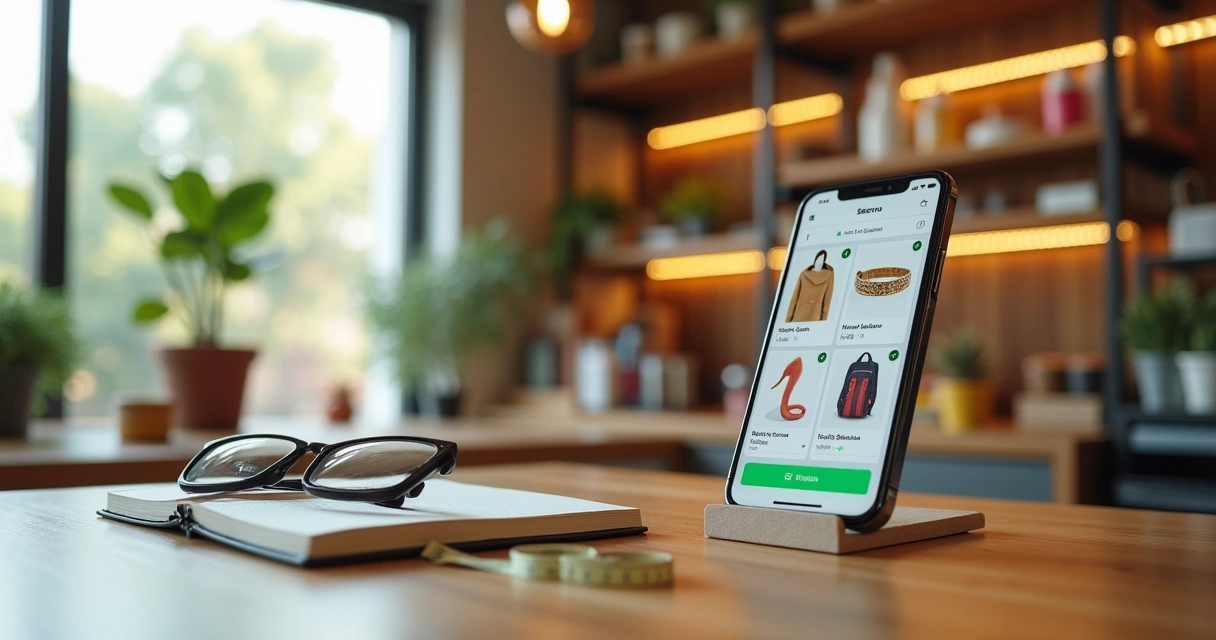 Lojista mostra catálogo digital no celular com produtos e botão de WhatsApp
