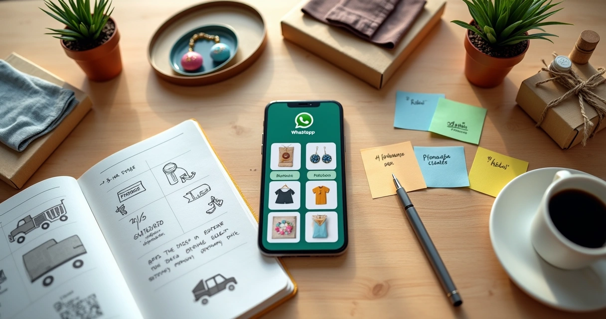Mesa criativa com itens variados e celular exibindo catálogo digital