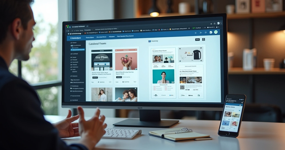 Empreendedor olhando painel com prévias de sites em diferentes plataformas