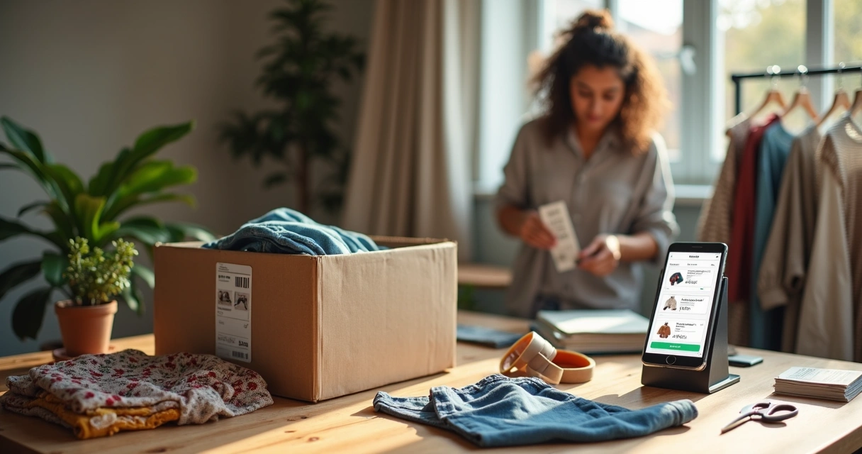 Empreendedora organizando brechó online com roupas e etiqueta de envio ao lado do celular