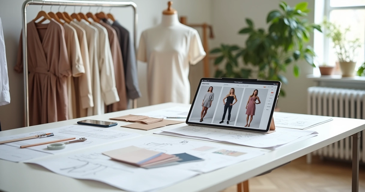 Estúdio de moda com mesa grande mostrando catálogo digital em tablet e roupas ao redor