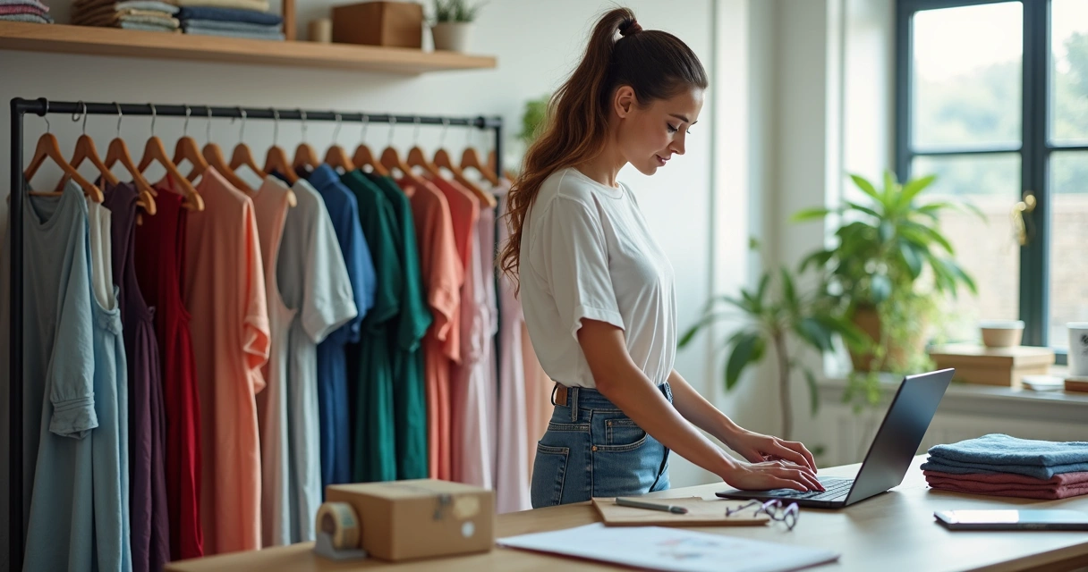 Empreendedora de moda organizando peças de roupa em estúdio e acompanhando vendas online no notebook