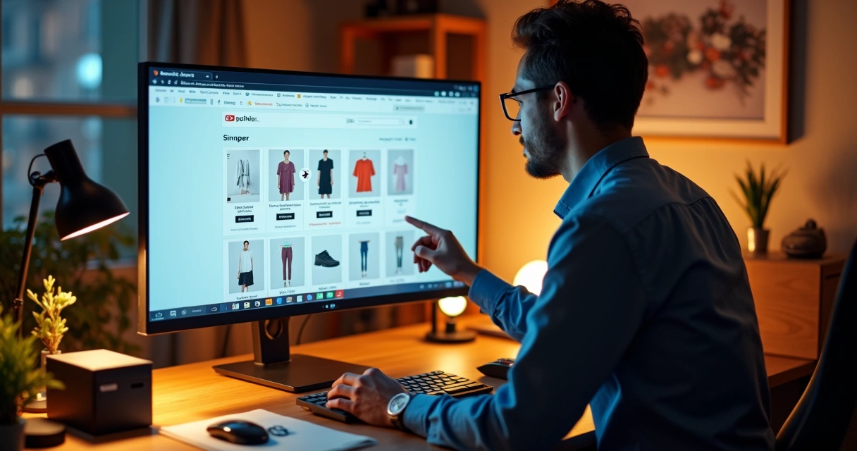 Lojista ajustando o site da loja online em grande tela com produtos em destaque